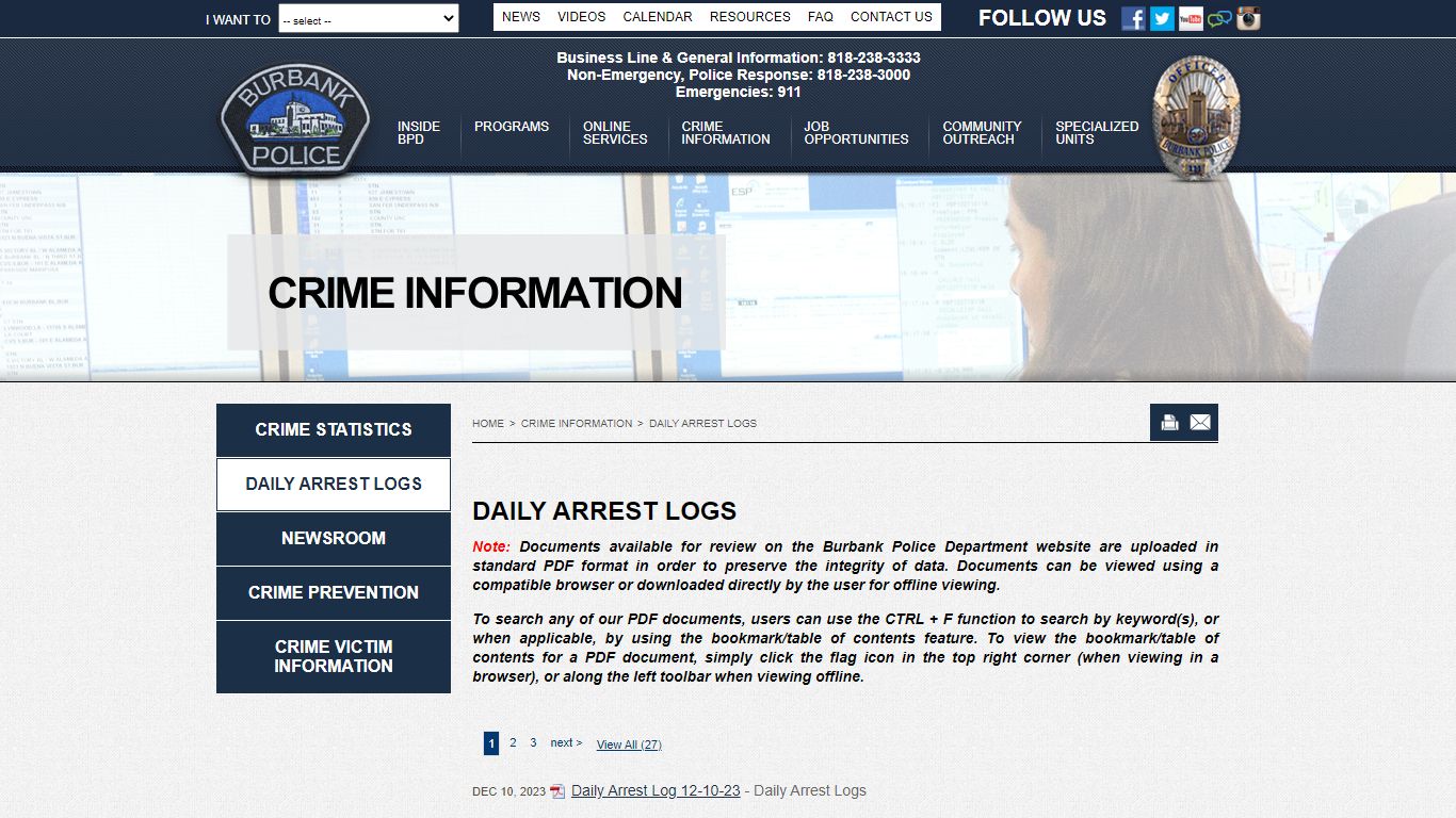 Daily Arrest Logs - Crime Information | Burbank CA Police Department Design